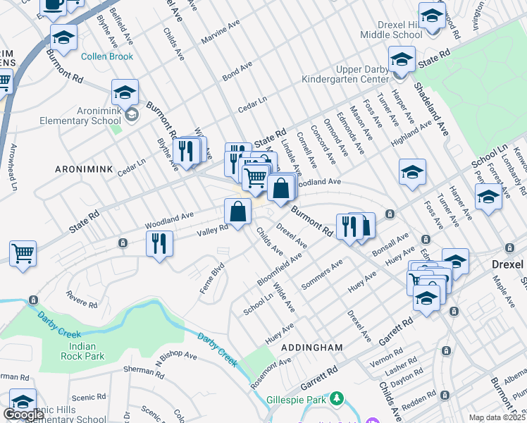 map of restaurants, bars, coffee shops, grocery stores, and more near 4237 Ferne Boulevard in Drexel Hill