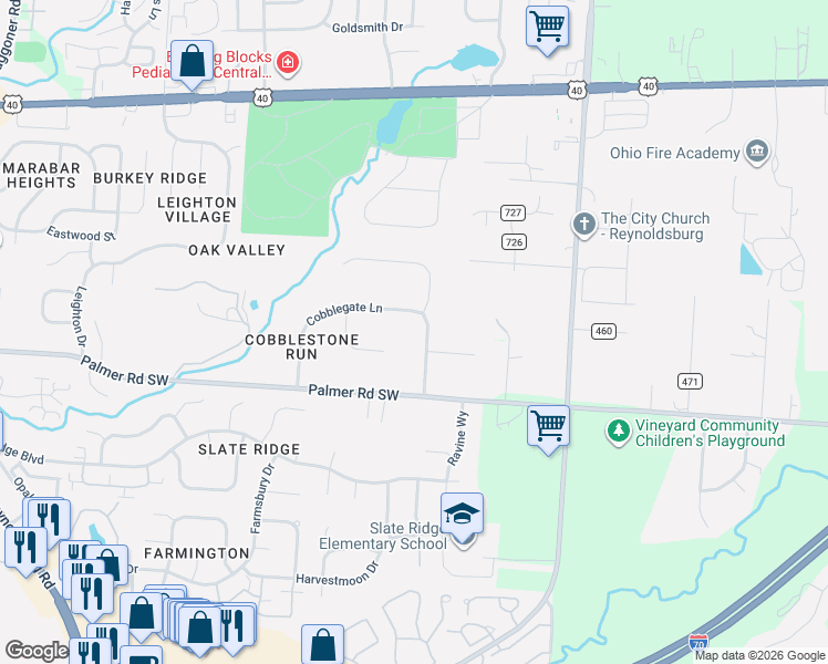 map of restaurants, bars, coffee shops, grocery stores, and more near 1447 Cobblegate Lane in Reynoldsburg