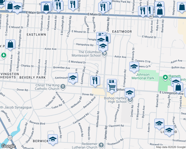 map of restaurants, bars, coffee shops, grocery stores, and more near 1116 South Kellner Road in Columbus