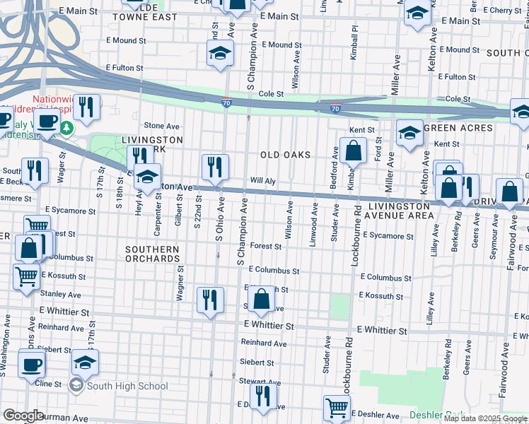 map of restaurants, bars, coffee shops, grocery stores, and more near 1047 East Sycamore Street in Columbus
