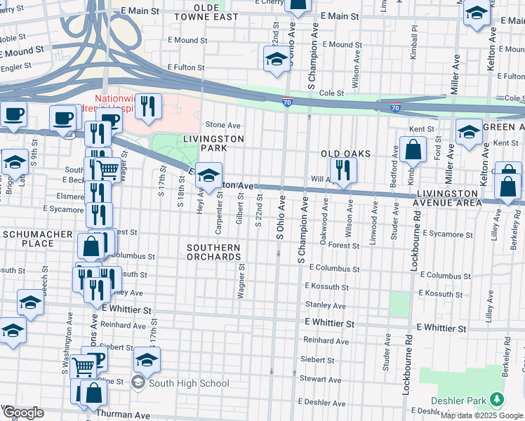 map of restaurants, bars, coffee shops, grocery stores, and more near 826 South 22nd Street in Columbus
