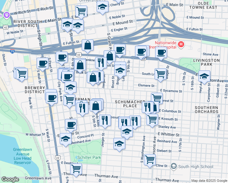 map of restaurants, bars, coffee shops, grocery stores, and more near 324 Forest Street in Columbus