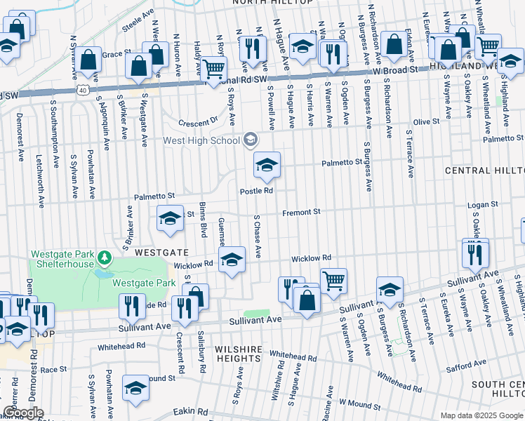 map of restaurants, bars, coffee shops, grocery stores, and more near 322 South Chase Avenue in Columbus