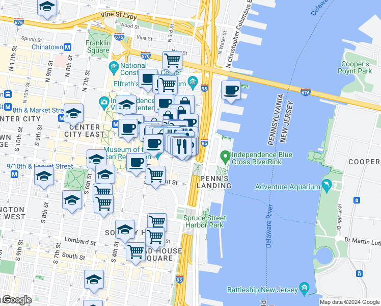 map of restaurants, bars, coffee shops, grocery stores, and more near 40 South Front Street in Philadelphia