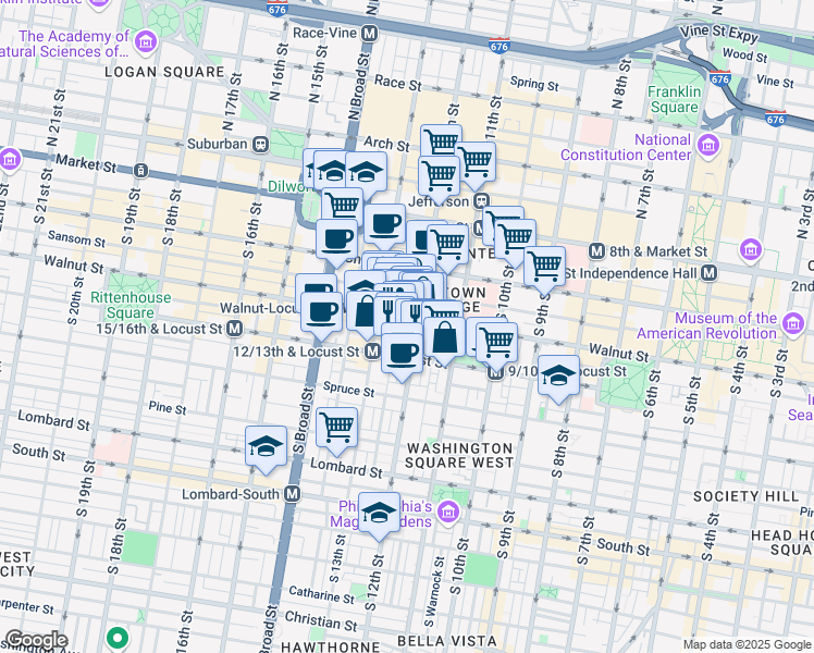 map of restaurants, bars, coffee shops, grocery stores, and more near 1206 Walnut Street in Philadelphia