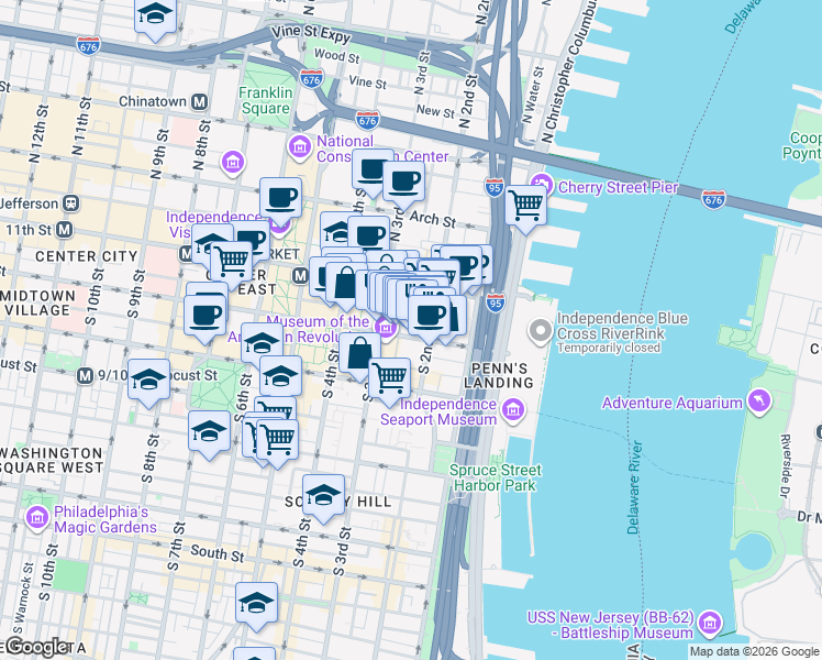 map of restaurants, bars, coffee shops, grocery stores, and more near in Philadelphia
