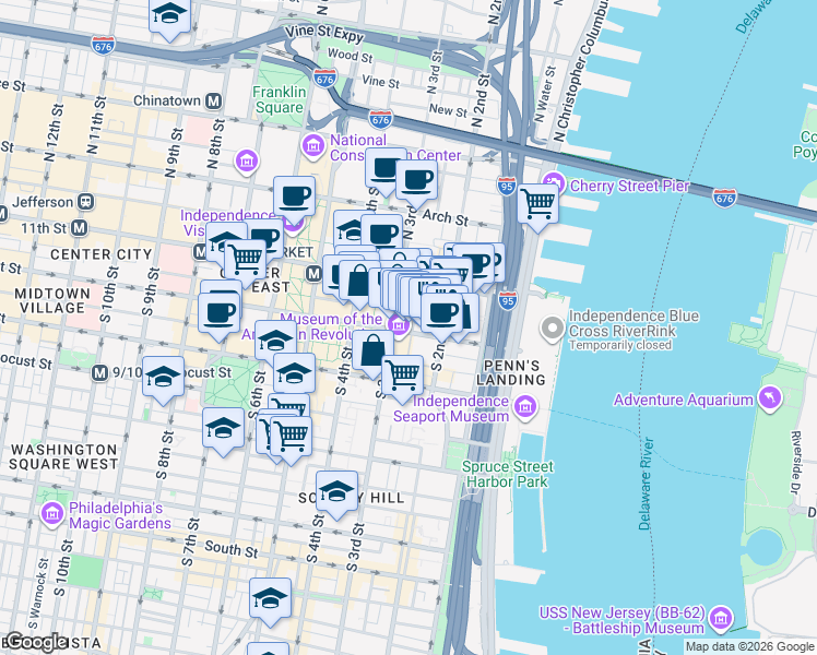 map of restaurants, bars, coffee shops, grocery stores, and more near in Philadelphia