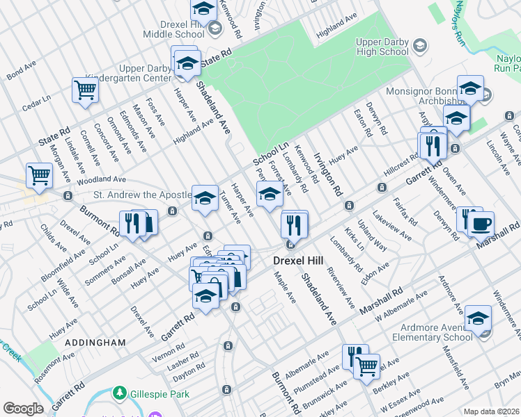 map of restaurants, bars, coffee shops, grocery stores, and more near 460 Shadeland Avenue in Drexel Hill