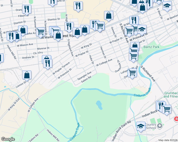 map of restaurants, bars, coffee shops, grocery stores, and more near 1345 Salem Road in York