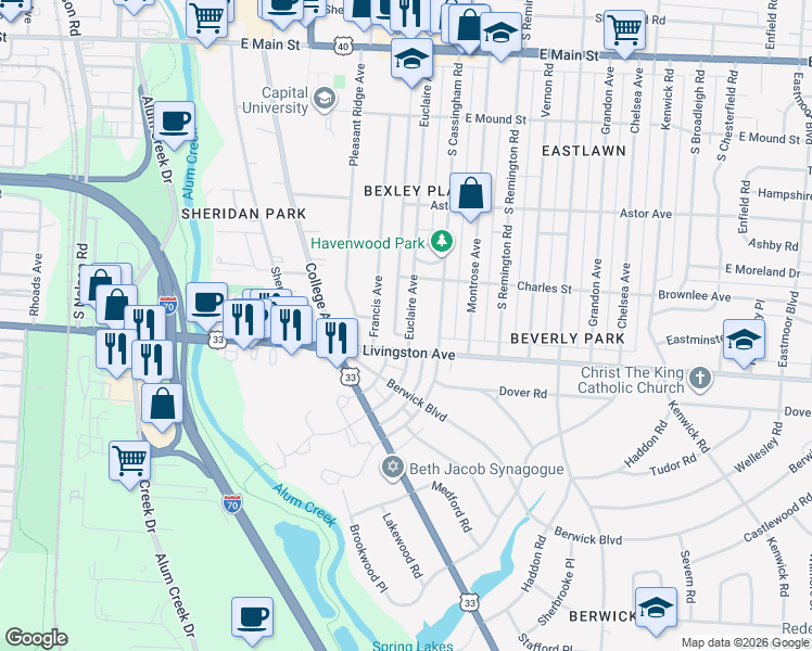 map of restaurants, bars, coffee shops, grocery stores, and more near 2326 East Livingston Avenue in Bexley