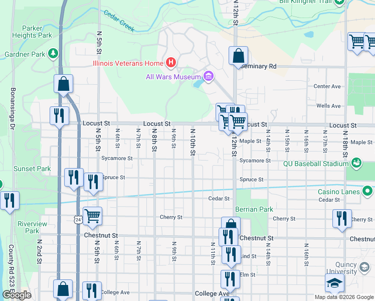map of restaurants, bars, coffee shops, grocery stores, and more near 921 Sycamore Street in Quincy