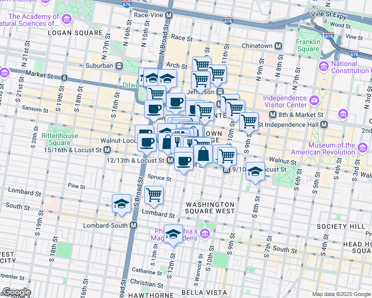 map of restaurants, bars, coffee shops, grocery stores, and more near 1206 Walnut Street in Philadelphia