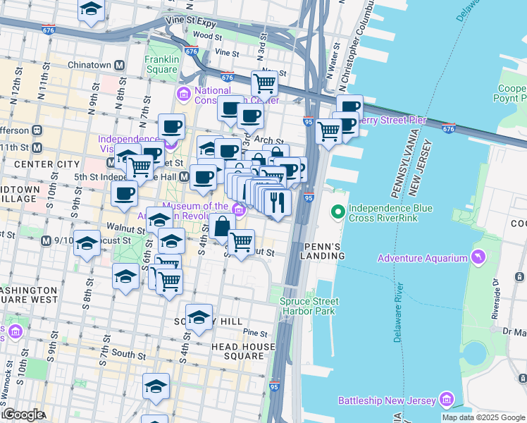 map of restaurants, bars, coffee shops, grocery stores, and more near 107 South 2nd Street in Philadelphia