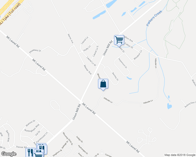 map of restaurants, bars, coffee shops, grocery stores, and more near 43 Wood View Drive in Mount Laurel