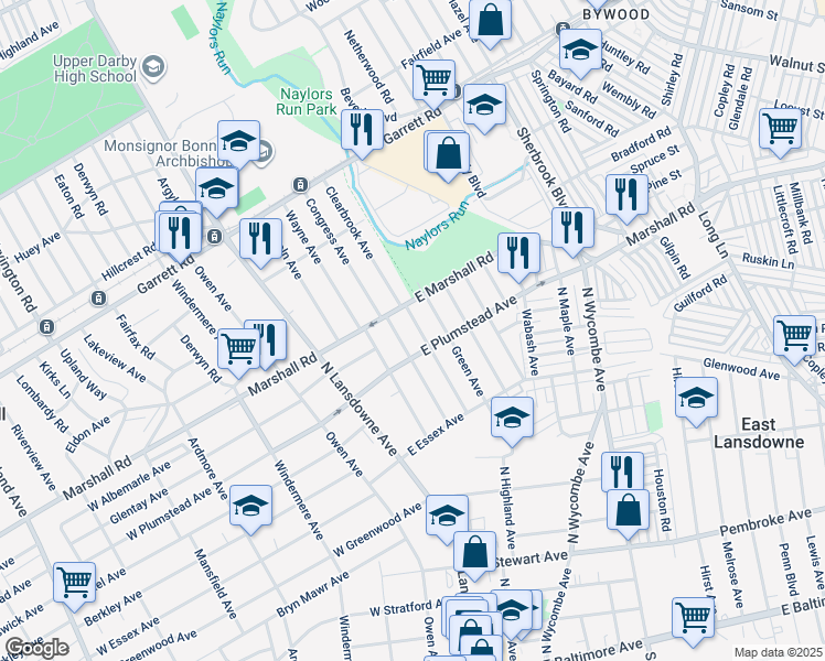 map of restaurants, bars, coffee shops, grocery stores, and more near 288 North Highland Avenue in Lansdowne