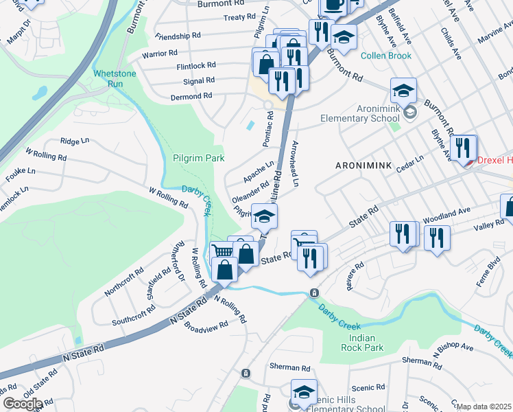 map of restaurants, bars, coffee shops, grocery stores, and more near 23 Pilgrim Lane in Upper Darby