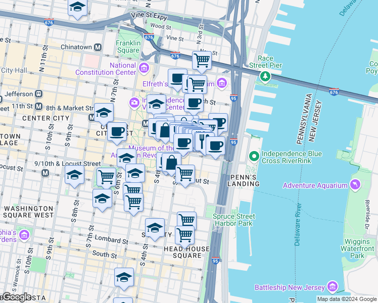 map of restaurants, bars, coffee shops, grocery stores, and more near 229 Chestnut Street in Philadelphia