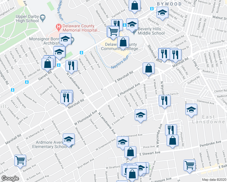 map of restaurants, bars, coffee shops, grocery stores, and more near 288 North Highland Avenue in Lansdowne
