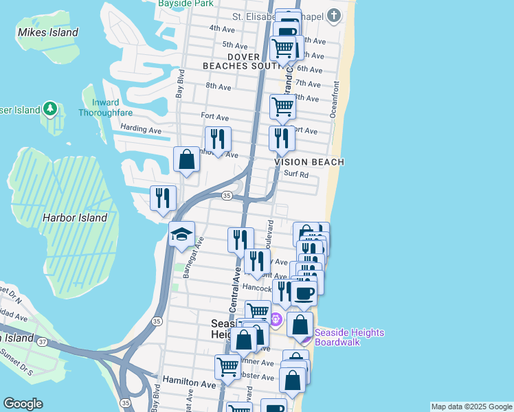 map of restaurants, bars, coffee shops, grocery stores, and more near 1515 Ocean Boulevard in Seaside Heights