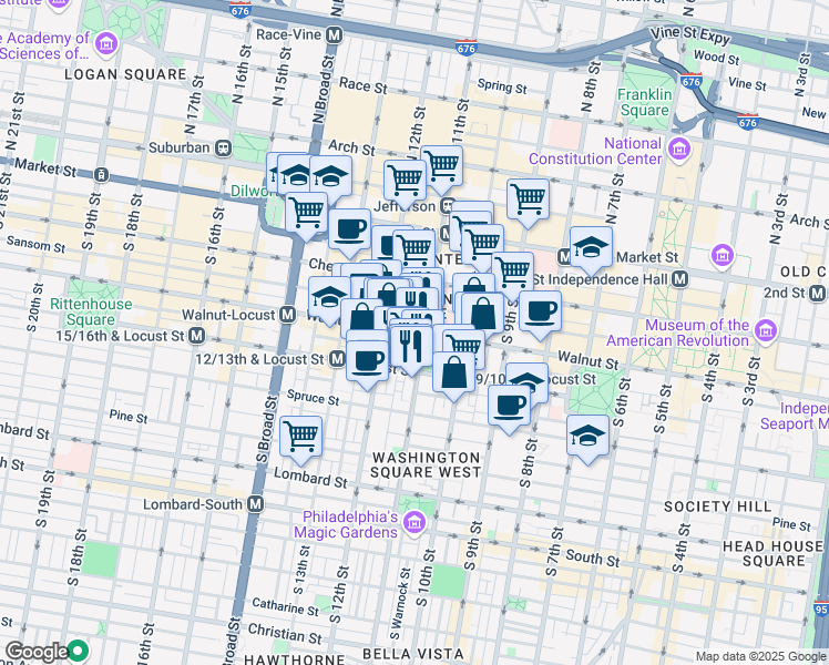 map of restaurants, bars, coffee shops, grocery stores, and more near Walnut Street in Philadelphia