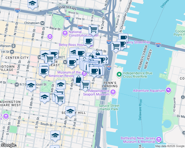 map of restaurants, bars, coffee shops, grocery stores, and more near 107 South 2nd Street in Philadelphia
