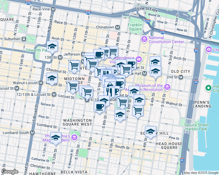 map of restaurants, bars, coffee shops, grocery stores, and more near 802 Sansom Street in Philadelphia