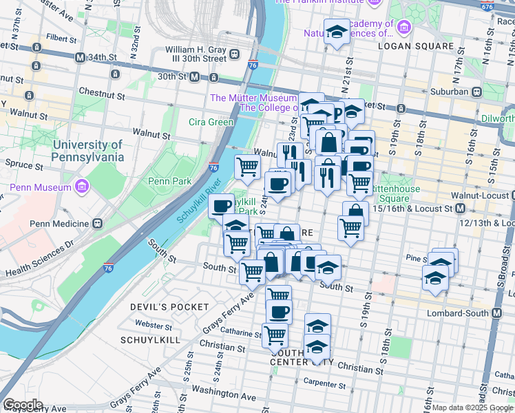 map of restaurants, bars, coffee shops, grocery stores, and more near in Philadelphia