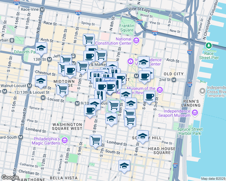 map of restaurants, bars, coffee shops, grocery stores, and more near 15 South 7th Street in Philadelphia