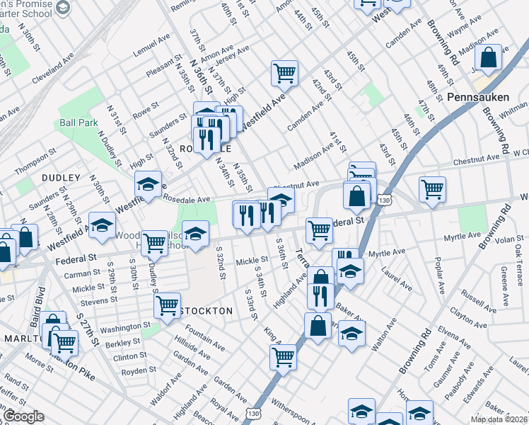 map of restaurants, bars, coffee shops, grocery stores, and more near 32 North 35th Street in Camden