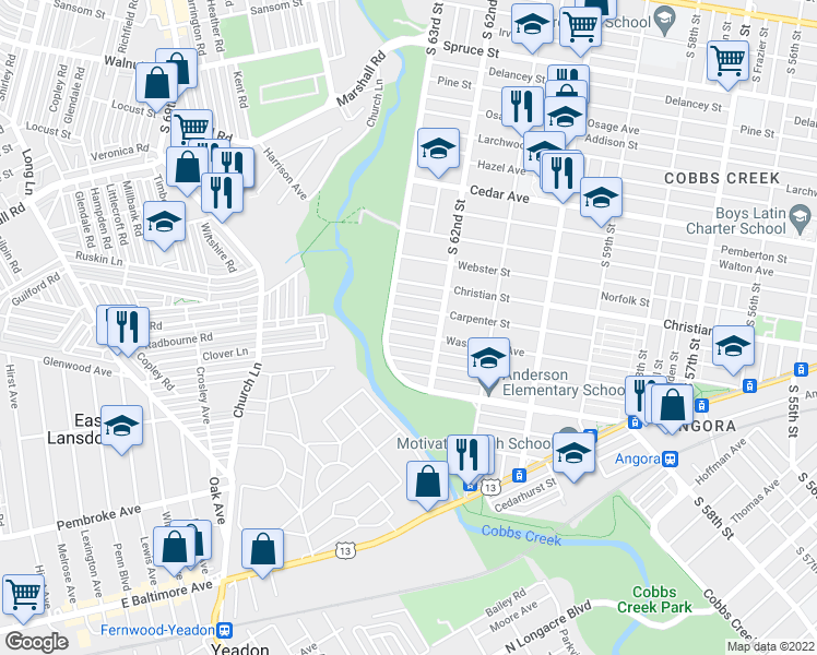 map of restaurants, bars, coffee shops, grocery stores, and more near 6231 Washington Avenue in Philadelphia