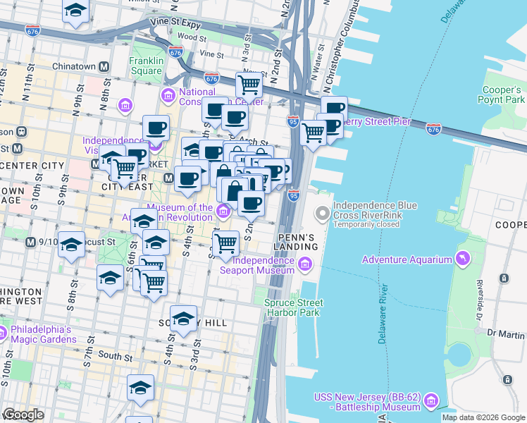 map of restaurants, bars, coffee shops, grocery stores, and more near in Philadelphia