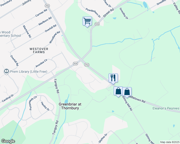 map of restaurants, bars, coffee shops, grocery stores, and more near 10 Hadley Lane in Glen Mills