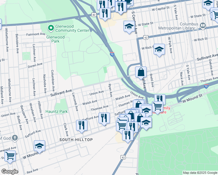 map of restaurants, bars, coffee shops, grocery stores, and more near 411 Ryan Avenue in Columbus