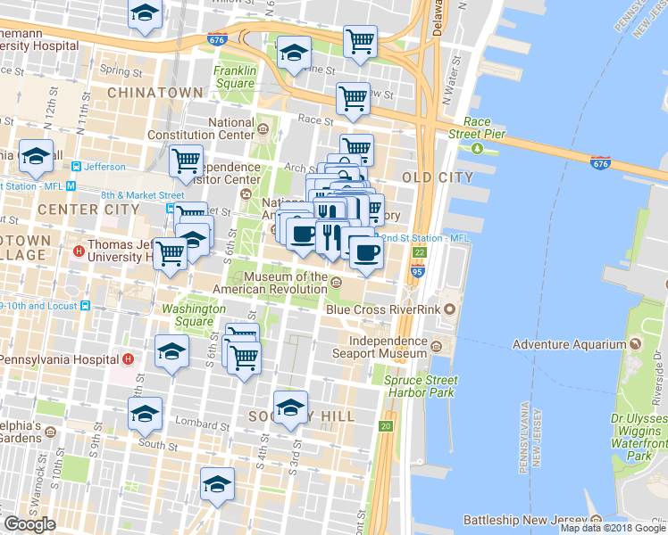 map of restaurants, bars, coffee shops, grocery stores, and more near 239 Chestnut Street in Philadelphia