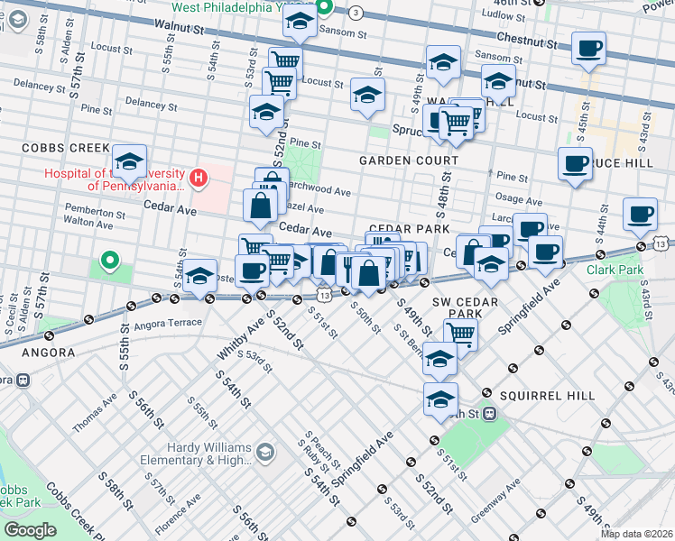 map of restaurants, bars, coffee shops, grocery stores, and more near 5011 Walton Avenue in Philadelphia