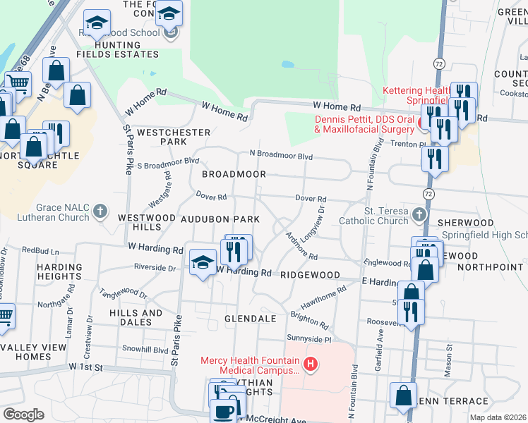 map of restaurants, bars, coffee shops, grocery stores, and more near in Springfield