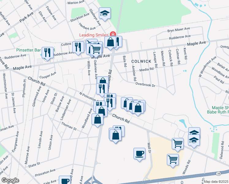 map of restaurants, bars, coffee shops, grocery stores, and more near 51 Haddonfield Road in Cherry Hill