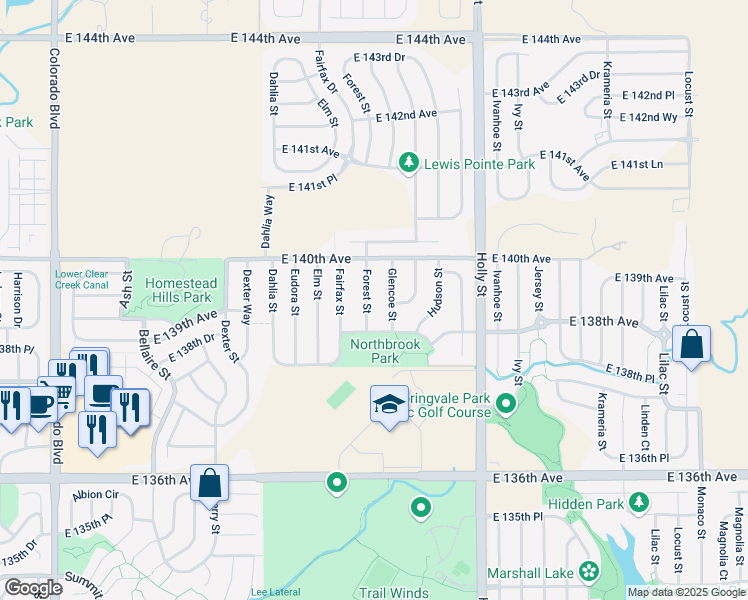 map of restaurants, bars, coffee shops, grocery stores, and more near 13918 Forest Street in Brighton