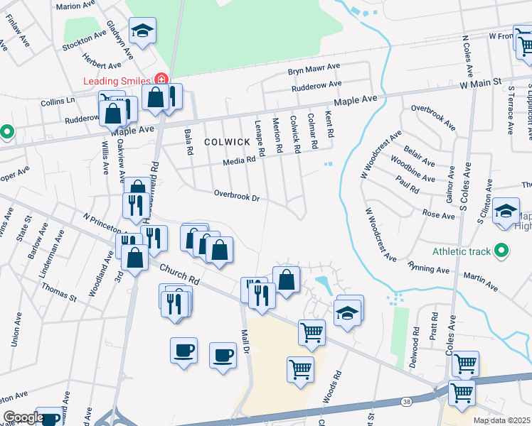 map of restaurants, bars, coffee shops, grocery stores, and more near 201 Lenape Road in Cherry Hill