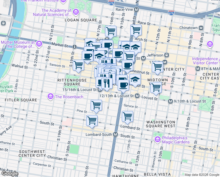 map of restaurants, bars, coffee shops, grocery stores, and more near 1508 Walnut Street in Philadelphia