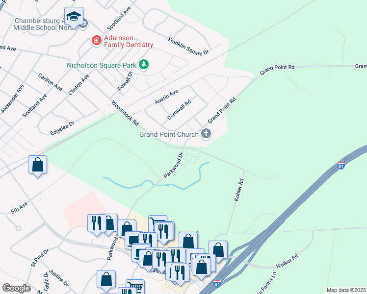 map of restaurants, bars, coffee shops, grocery stores, and more near 2229 Grand Point Road in Chambersburg