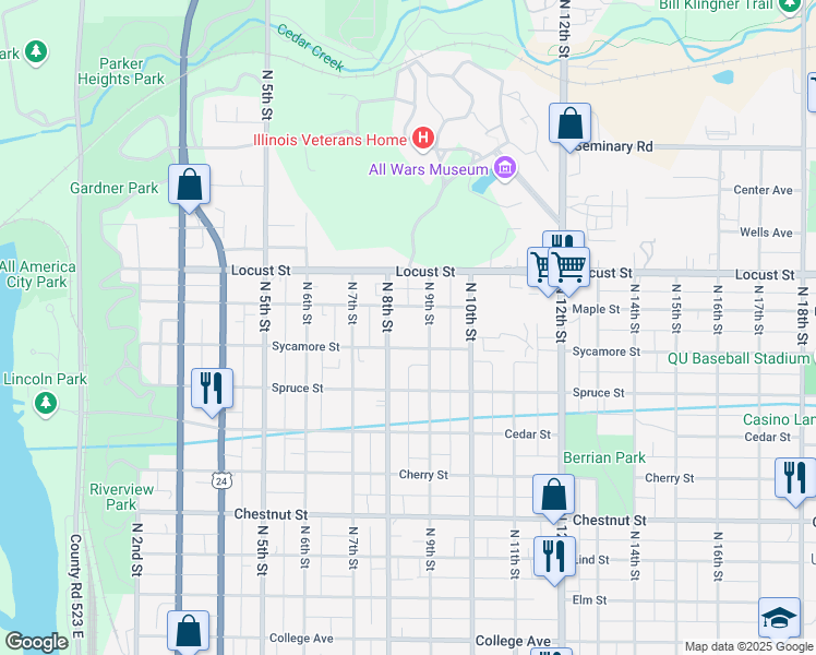 map of restaurants, bars, coffee shops, grocery stores, and more near 1400 North 8th Street in Quincy