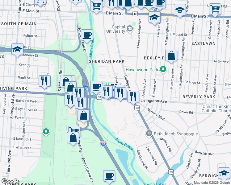 map of restaurants, bars, coffee shops, grocery stores, and more near 923 Sheridan Avenue in Bexley