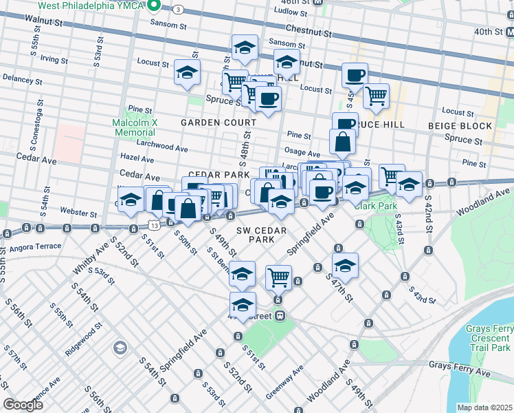 map of restaurants, bars, coffee shops, grocery stores, and more near 4713 Baltimore Avenue in Philadelphia