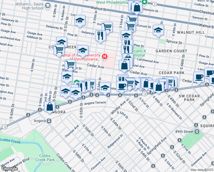 map of restaurants, bars, coffee shops, grocery stores, and more near 5317 Webster Street in Philadelphia