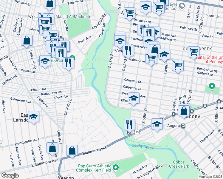 map of restaurants, bars, coffee shops, grocery stores, and more near 6231 Washington Avenue in Philadelphia