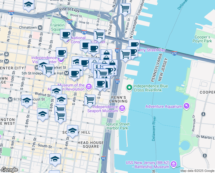 map of restaurants, bars, coffee shops, grocery stores, and more near 4 South Front Street in Philadelphia
