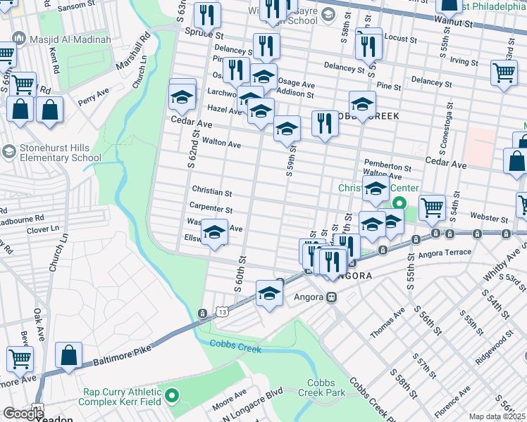 map of restaurants, bars, coffee shops, grocery stores, and more near 5933 Carpenter Street in Philadelphia
