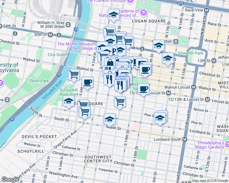 map of restaurants, bars, coffee shops, grocery stores, and more near 2028 Rittenhouse Square in Philadelphia