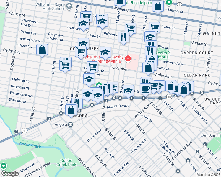 map of restaurants, bars, coffee shops, grocery stores, and more near 5457 Norfolk Street in Philadelphia